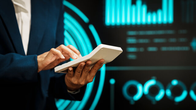 Business professional using digital tablet before futuristic radar-style interface, technology interaction, data processing, cyber analytics, innovation, modern workflow, advanced digital operations - Powered by Adobe