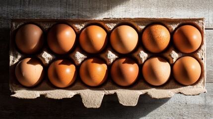 Rustic brown eggs in carton with sunlight and natural texture