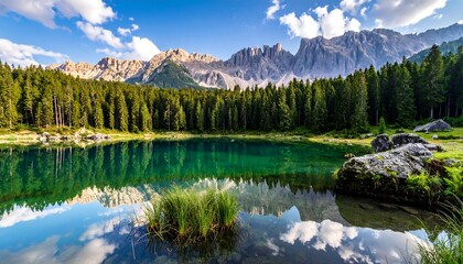 Beautiful Alpine Lake Surrounded by Pine Forest and Majestic Mountains.