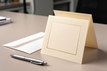 Cream compliment card folded on an office desk with envelope and silver pen