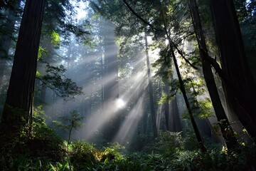 Sunlight streams through the dense canopy of ancient redwood trees
