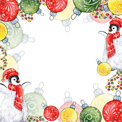 A Christmas frame with watercolor illustrations of Xmas  tree decorations and a penguin. 