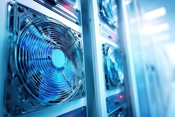 Close up of server rack with spinning cooling fans