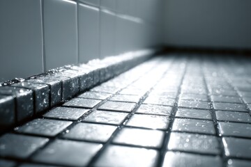 Close up view of wet shower tiles in modern bathroom