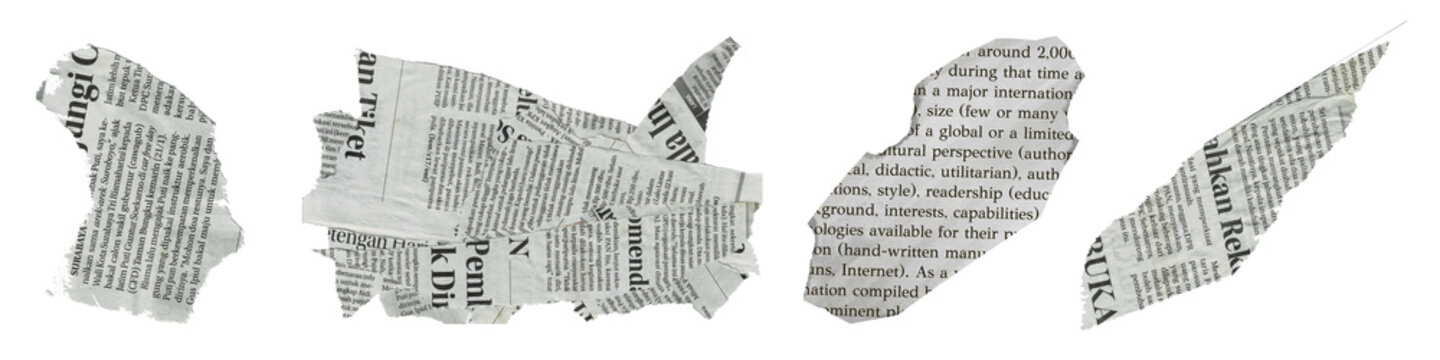 Torn pieces of newspaper, conveying information loss. Newspaper scraps isolated on white background. , transparent background