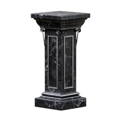 Elegant black marble pedestal with silver accents on a black background