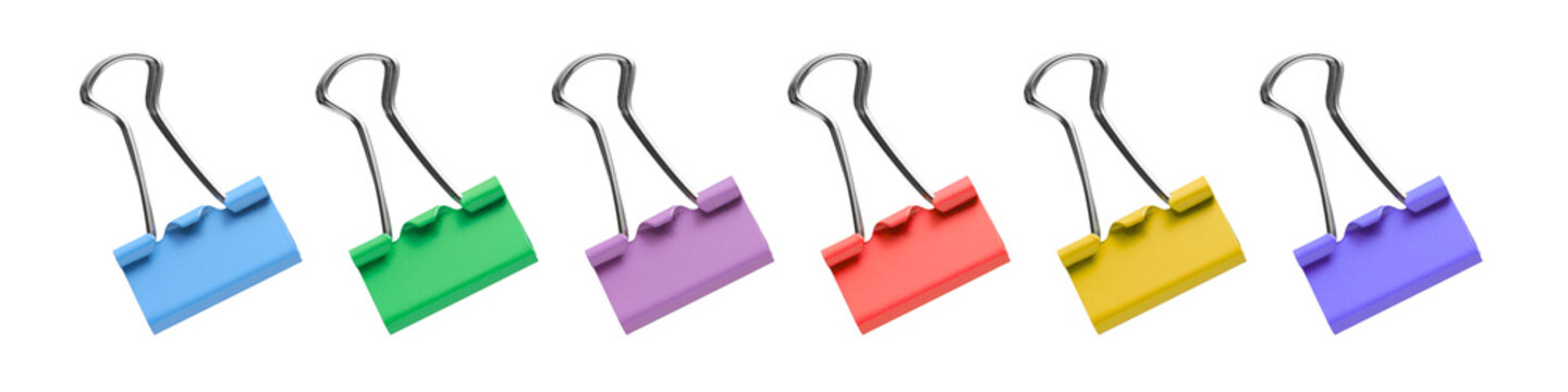 Collection of colorful binder clips in a row on a white background, concept about office, education or stationery  , transparent background