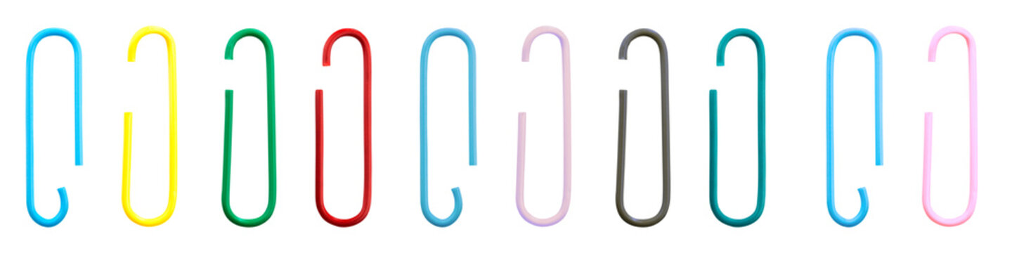 Colorful paperclips lined up in a row ready for business purpose. A row of colorful office stationery supplies for office needs. , transparent background