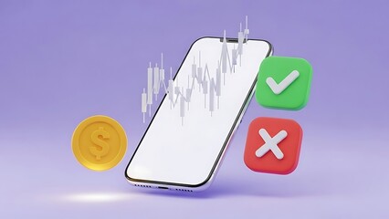 Mobile trading concept with candlestick chart dollar coin and choice icons floating
