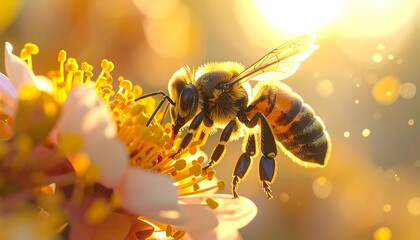 Close-up of a bee collecting nectar from a flower in the golden hour sunlight.