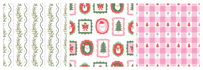 Whimsical Pastel Christmas seamless pattern set with holly berry stripes, Cameo frame Santa, snowman, and a pink plaid checkered tree pattern. Perfect for holiday gift wrap, fabric, card, winter craft