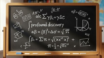 Mathematical equations and diagrams on chalkboard