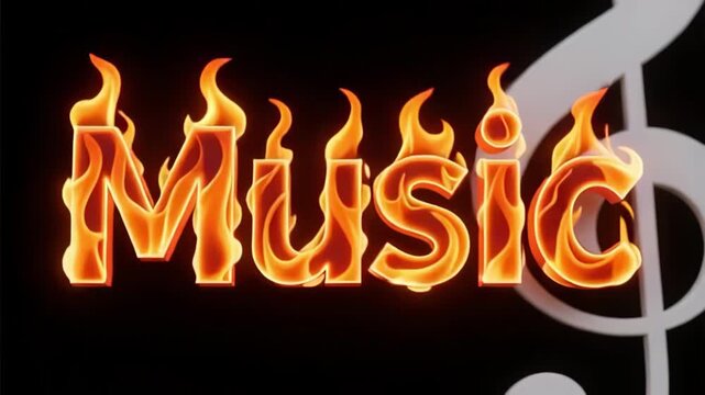 Fiery music text with treble clef on black background