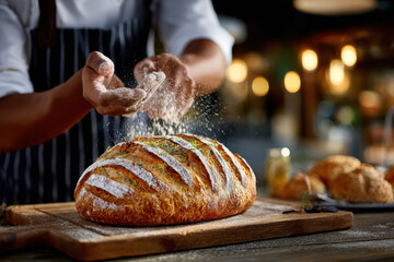 Chef sprinkling flour on freshly baked rosemary bread