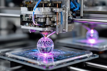 3D Printer Creating a Crystal Ball with Purple Light