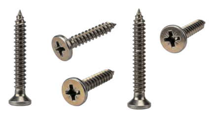 Five stainless steel phillips flat-head countersunk screws on a transparent background, close-up product photo suitable for hardware, DIY, carpentry and construction use