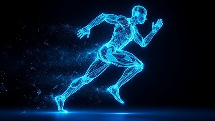 Futuristic neon blue human figure running with digital particles against a dark background