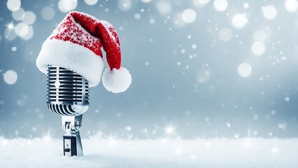 Vintage microphone wearing a santa hat with a festive snowy background and bokeh lights