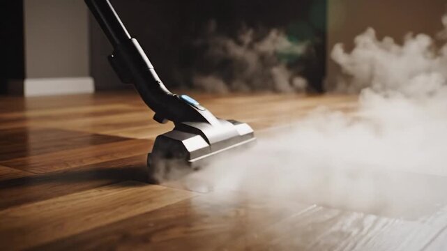 Steam cleaner sanitizing residential wood floor for hygienic home cleaning