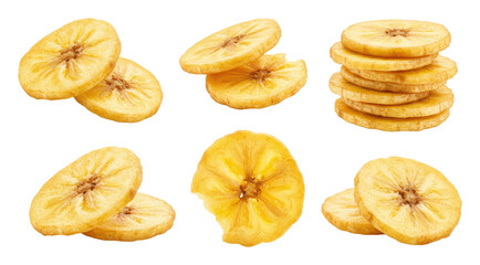 Crispy golden banana chips and plantain slices arranged and stacked on a transparent background