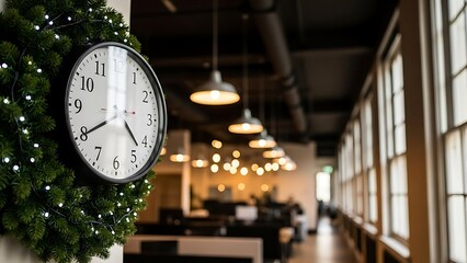 Office Clock in Christmas Wreath Hanging in Modern Workspace Hallway with Bokeh Lights