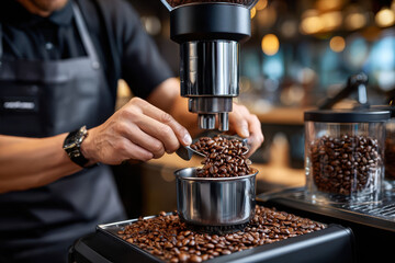 Barista grinding coffee beans in a modern cafe during morning hours