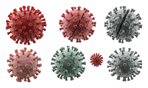 Colored 3D coronavirus models showing multiple viral particles