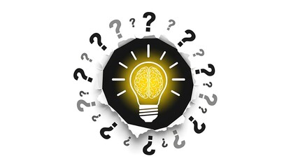 Glowing Brain Light Bulb Concept with Surrounding Question Marks