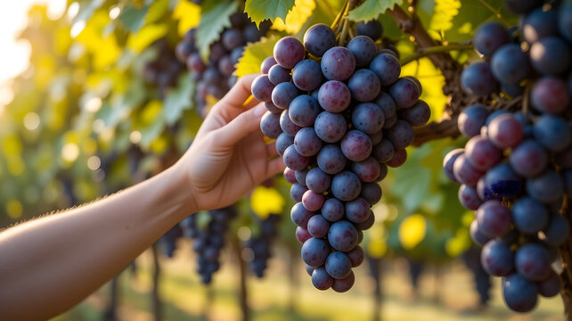 Close-up of a worker's hand touching a large cluster of ripe purple grapes on a vine in a sunlit vineyard; a concept for autumn harvest, viticulture, and winemaking. - Powered by Adobe