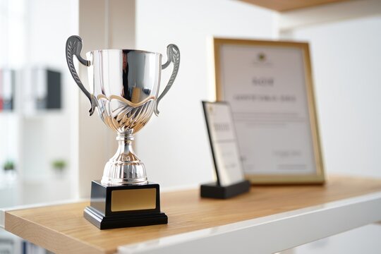 Silver sports trophy on a shelf with framed certificate and award plaques