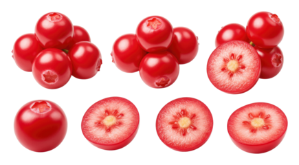 Bright glossy whole and sliced cranberries arranged on a transparent background, showing juicy red flesh and star-like seed pattern