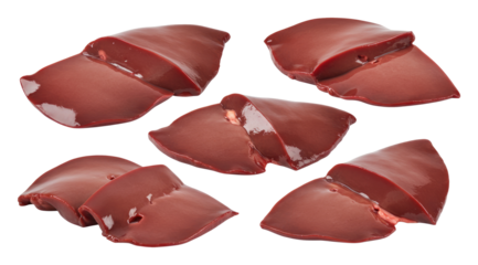 Close-up of glossy raw liver slices arranged on transparent background, showing rich red color and moist texture