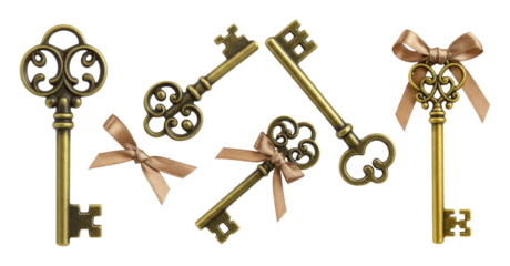 Antique brass skeleton keys with ornate scroll bows, some tied with satin ribbons, arranged on a transparent background
