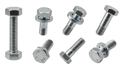 Group of various zinc-plated hex and flange bolts on a transparent background, close-up product photo