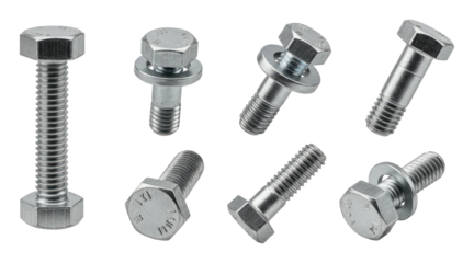 Group of various zinc-plated hex and flange bolts on a transparent background, close-up product photo