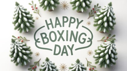 Festive boxing day greeting surrounded by miniature evergreen trees holly berries and delicate snowflakes wishing everyone a happy holiday
