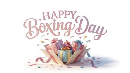Joyful boxing day celebration with a burst of colorful gifts and confetti evoking festive cheer and generosity
