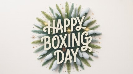Festive happy boxing day message surrounded by a whimsical starburst like arrangement of green and blue foliage evoking holiday cheer and celebration