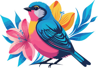 Blue bird sitting on a flowering branch in a colorful vector illustration