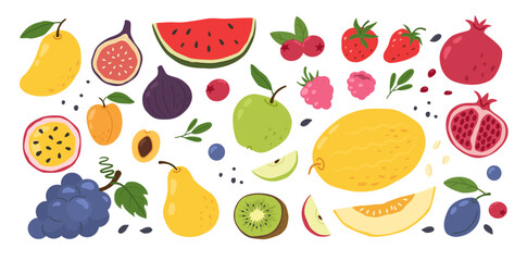 Naklejka premium Fresh fruit and berry set. Healthy dessert exotic diet. Juicy mango and watermelon and strawberry. Organic tropical grapes and pomegranate for summer cute doodle design. Vector cartoon isolated set