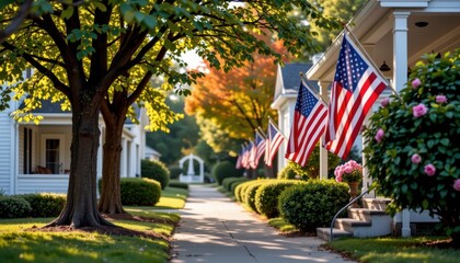 Patriotic july celebration on a quiet street in the united states with american flags and community spirit