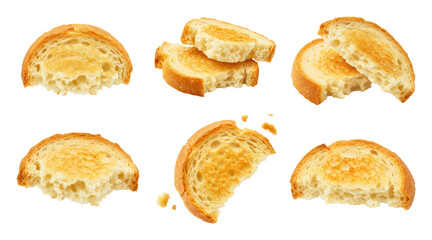 Six golden toasted baguette slices with crispy crusts and airy interiors, arranged with crumbs on a transparent background, perfect crostini or bruschetta bases