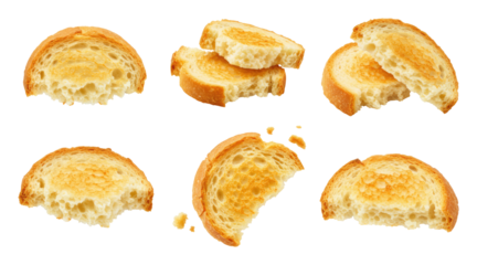 Six golden toasted baguette slices with crispy crusts and airy interiors, arranged with crumbs on a transparent background, perfect crostini or bruschetta bases