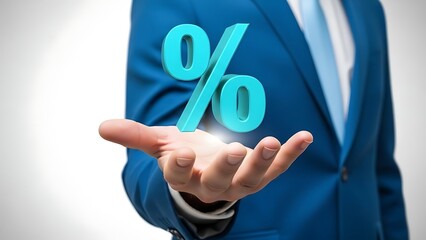 Businessman presents glowing cyan percentage symbol floating above his open hand