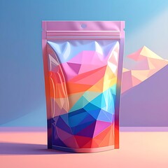 Colorful, polygonal pattern inside a shiny, transparent package against a pastel geometric mountain backdrop