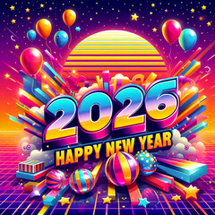 Vibrant 2026 Happy New Year Celebration with Retro-Futuristic Style