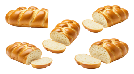 Golden-brown braided challah loaves and sliced pieces with glossy crusts and soft white interiors, arranged on a transparent background