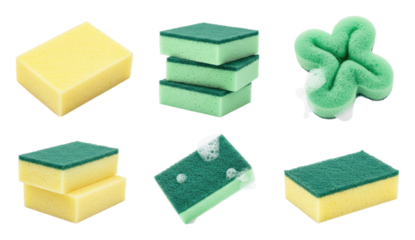 Group of yellow and green dual-sided kitchen sponges in various arrangements, including stacked pieces, a clover-shaped novelty sponge and a soapy sponge with suds