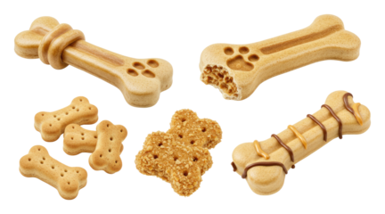 Assortment of bone-shaped dog biscuits and treats, including small crunchy bones, multigrain cluster and chocolate-drizzled bone on transparent background