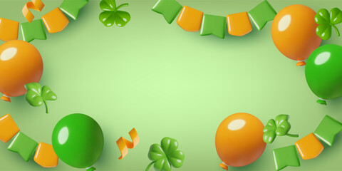 St. Patrick's Day background 3d with green and red balloons, party flag garland and clover leaves. Vector illustration.